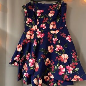 Navy Blue Floral Print Strapless Dress!